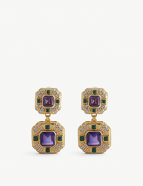 VALERE: Carrie 24ct yellow gold-plated brass, malachite, amethyst and Swarovski crystal earrings