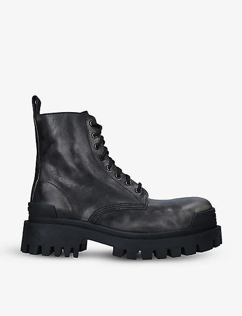 BALENCIAGA: Strike patina-effect leather platform ankle boots