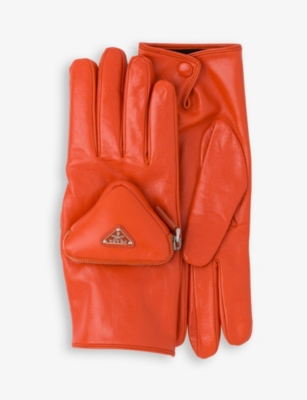 Prada Mens Orange Pouch-embellished Leather Gloves