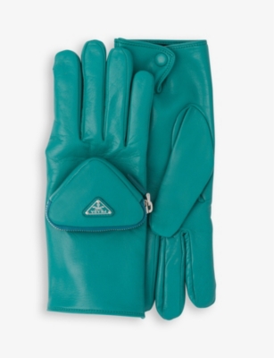 Prada Mens Peacock Pouch-embellished Leather Gloves