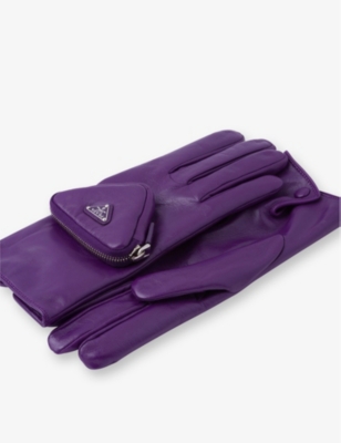 Shop Prada Mens Purple Pouch-embellished Leather Gloves