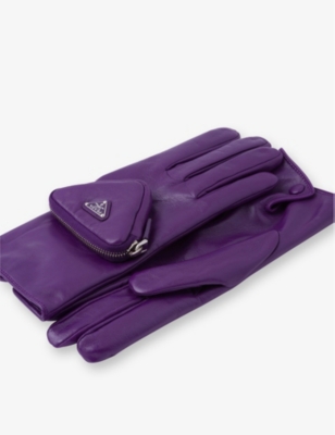 Prada Pouch-embellished Leather Gloves In Purple