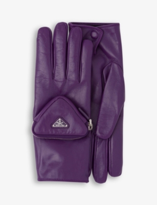 Prada Pouch-embellished Leather Gloves In Purple