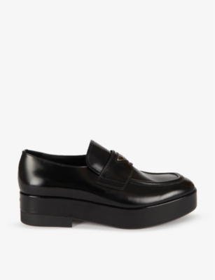 Prada Mens Black Branded Brushed Leather Loafers