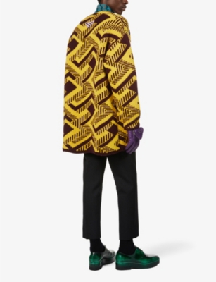 Shop Prada Mens  Geometric-pattern V-neck Knitted Jumper In Yellow