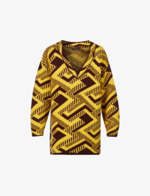 Shop Prada Mens  Geometric-pattern V-neck Knitted Jumper In Yellow