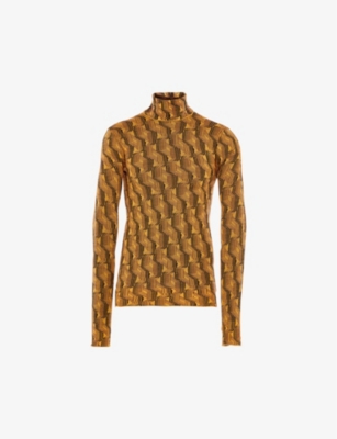 Prada Mens Corn Yellow Geometric-pattern Turtleneck Wool Sweatshirt