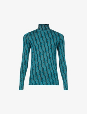 Prada Mens Turquoise Geometric-pattern Turtleneck Wool Sweatshirt