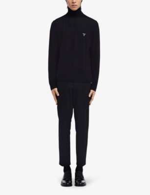 Prada Mens Black Logo-print Turtleneck Wool Jumper In Black