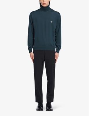 Prada Mens Bottle Green Logo-print Turtleneck Wool Jumper In Bottle Green