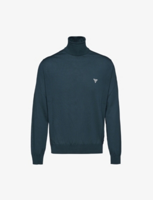 Prada Mens Bottle Green Logo-print Turtleneck Wool Jumper