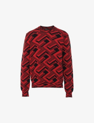 Prada Abstract-pattern Wool And Cashmere-blend Jumper In Black + Red