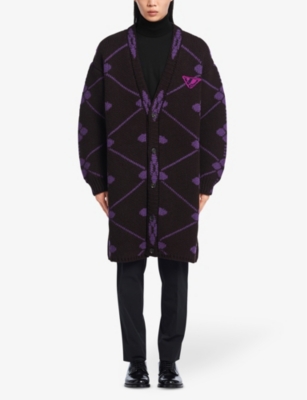Prada Oversized Jacquard-knit Wool Cardigan In Ebony Brown + Plum