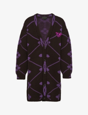 Prada Oversized Jacquard-knit Wool Cardigan In Ebony Brown + Plum