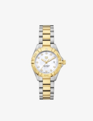 TAG HEUER: WBD1422.BB0321 Aquaracer 18ct yellow gold-plated stainless-steel, 0.08ct diamond and mother-of-pearl quartz watch