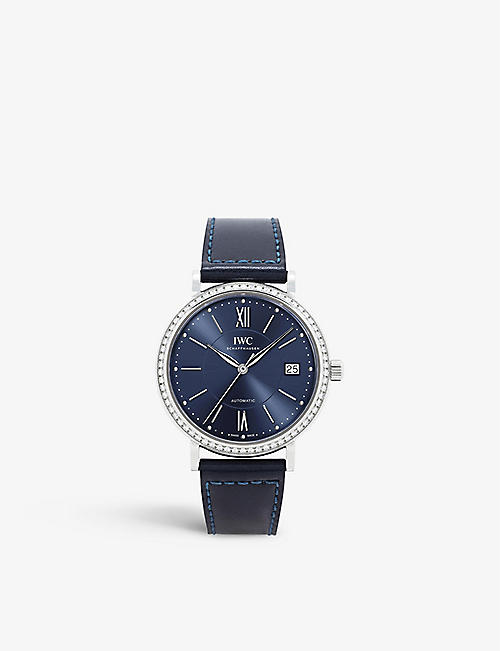 IWC SCHAFFHAUSEN: IW458111 Portofino stainless-steel, diamond and leather automatic watch
