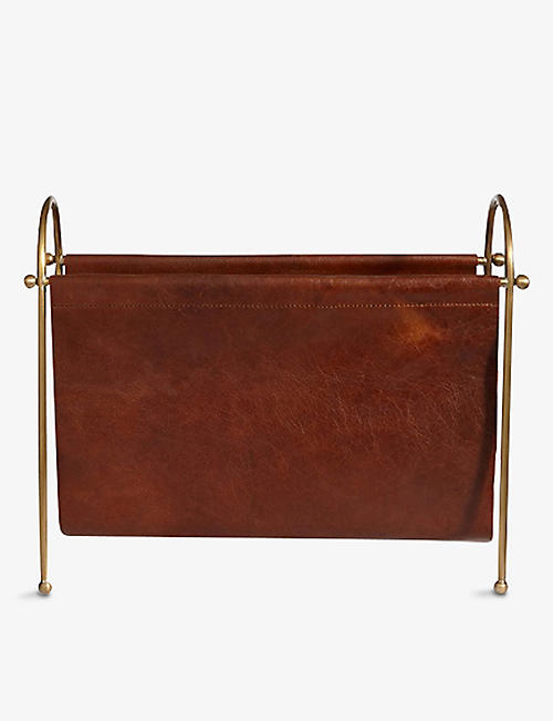 SOHO HOME: Meard leather and brass magazine rack 48cm