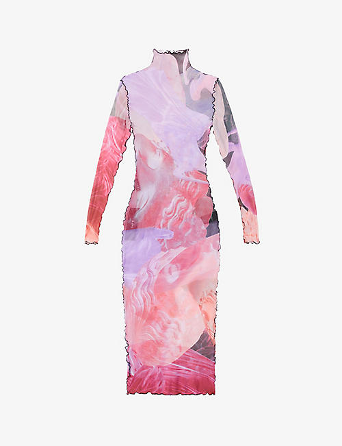 AUNE COLLECTIONS: Graphic-print fitted mesh midi dress