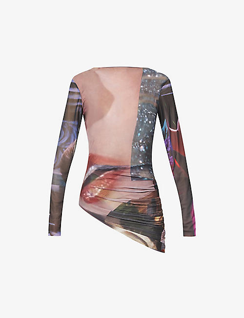 AUNE COLLECTIONS: Abstract-print asymmetric mesh top