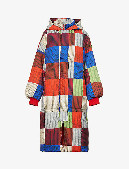 BENETTON: Patchwork knitted-print hooded shell-down puffer coat