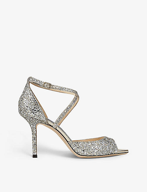 JIMMY CHOO: Emsy 85 peep-toed glitter heeled sandals