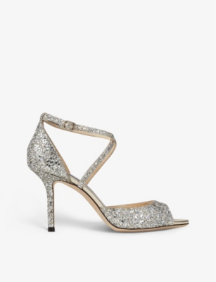 Shop Jimmy Choo Women's Champagne Emsy 85 Peep-toed Glitter Heeled Sandals