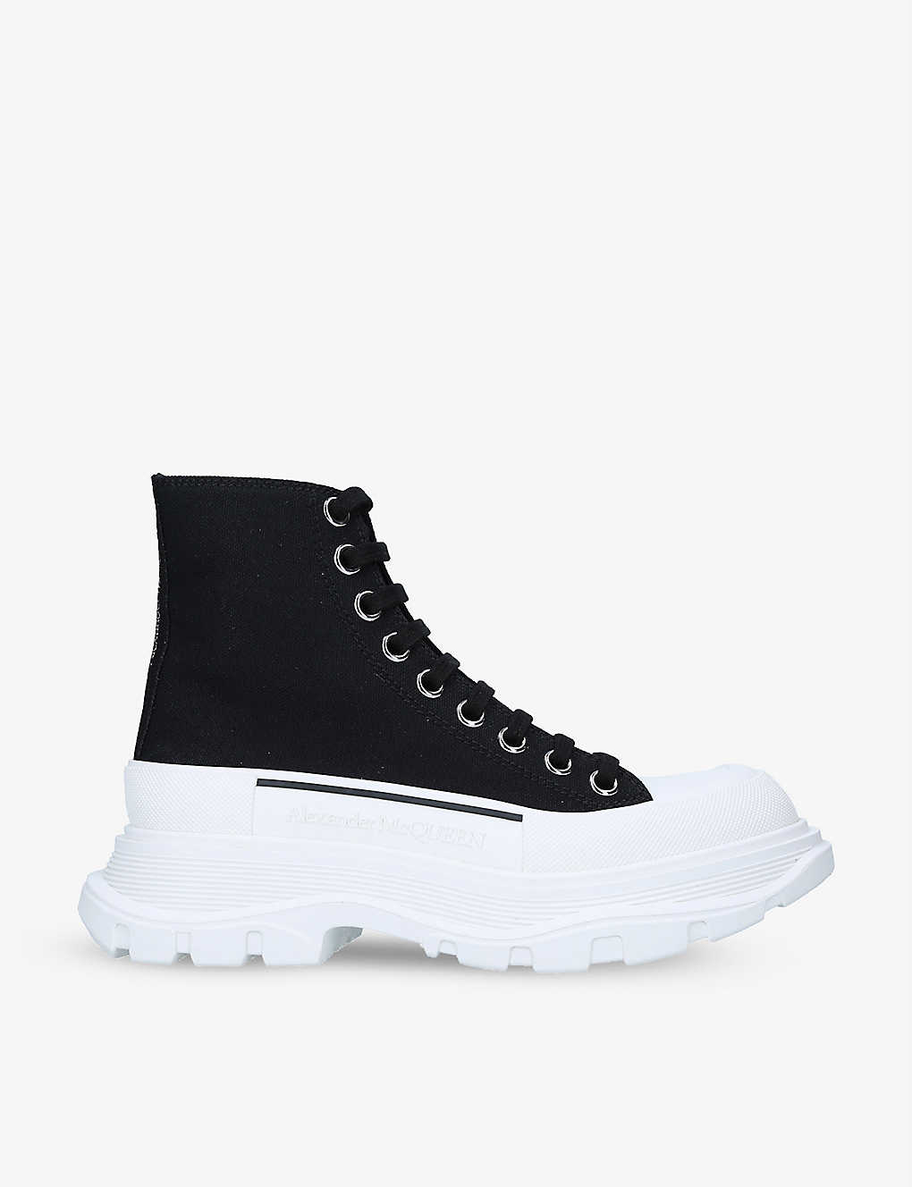 Shop Alexander Mcqueen Women's Blk/white Tread Slick Cotton-canvas Ankle Boots