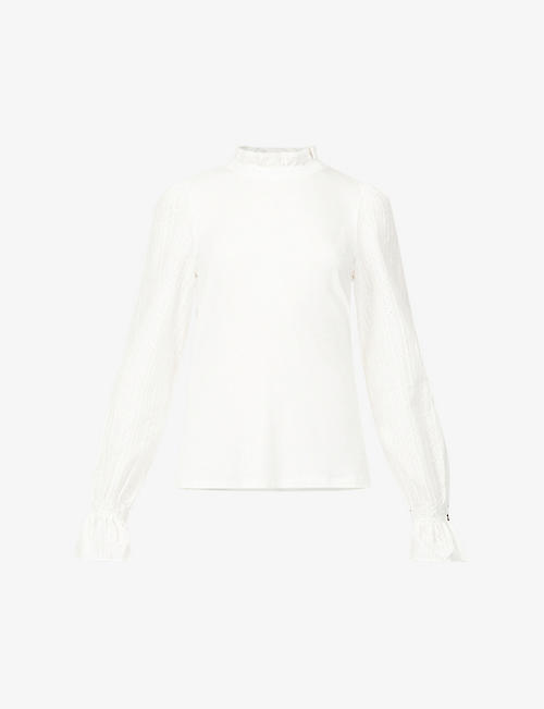 ME AND EM: Embroidered-sleeve frill-neck stretch-jersey layering top