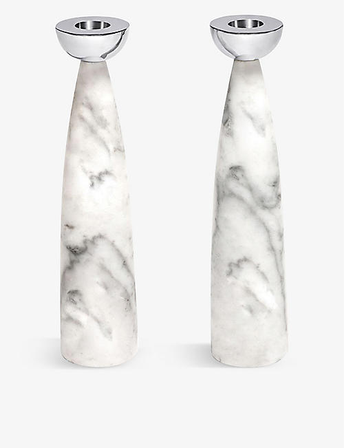ANNA NY BY RABLABS: Coluna marble and nickel-plated steel candle holders set of two