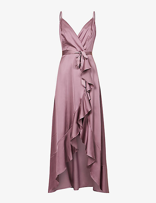 CHI CHI LONDON: Sleeveless wrap-front satin gown