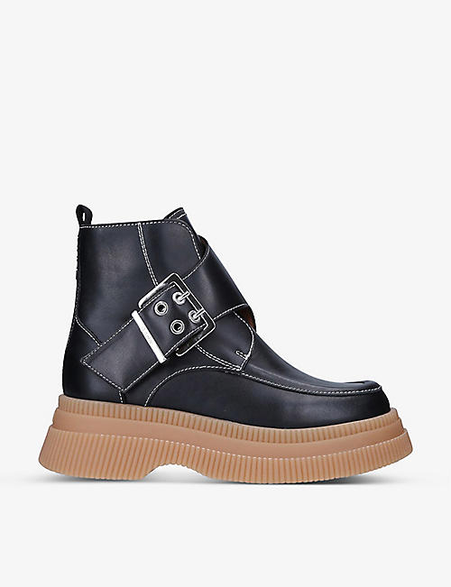 GANNI: Creeper buckle-embellished leather ankle boots