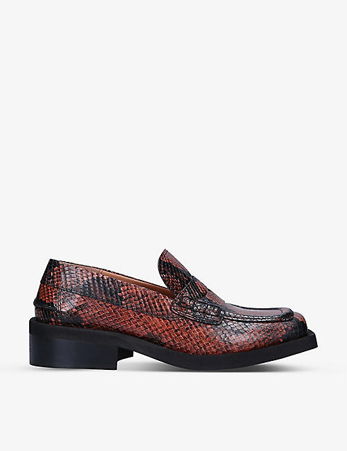 GANNI: Square-toe crocodile-embossed leather penny loafers