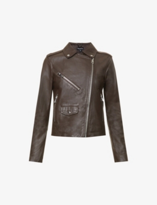 Whistles Agnes Zip-through Leather Biker Jacket In Brown
