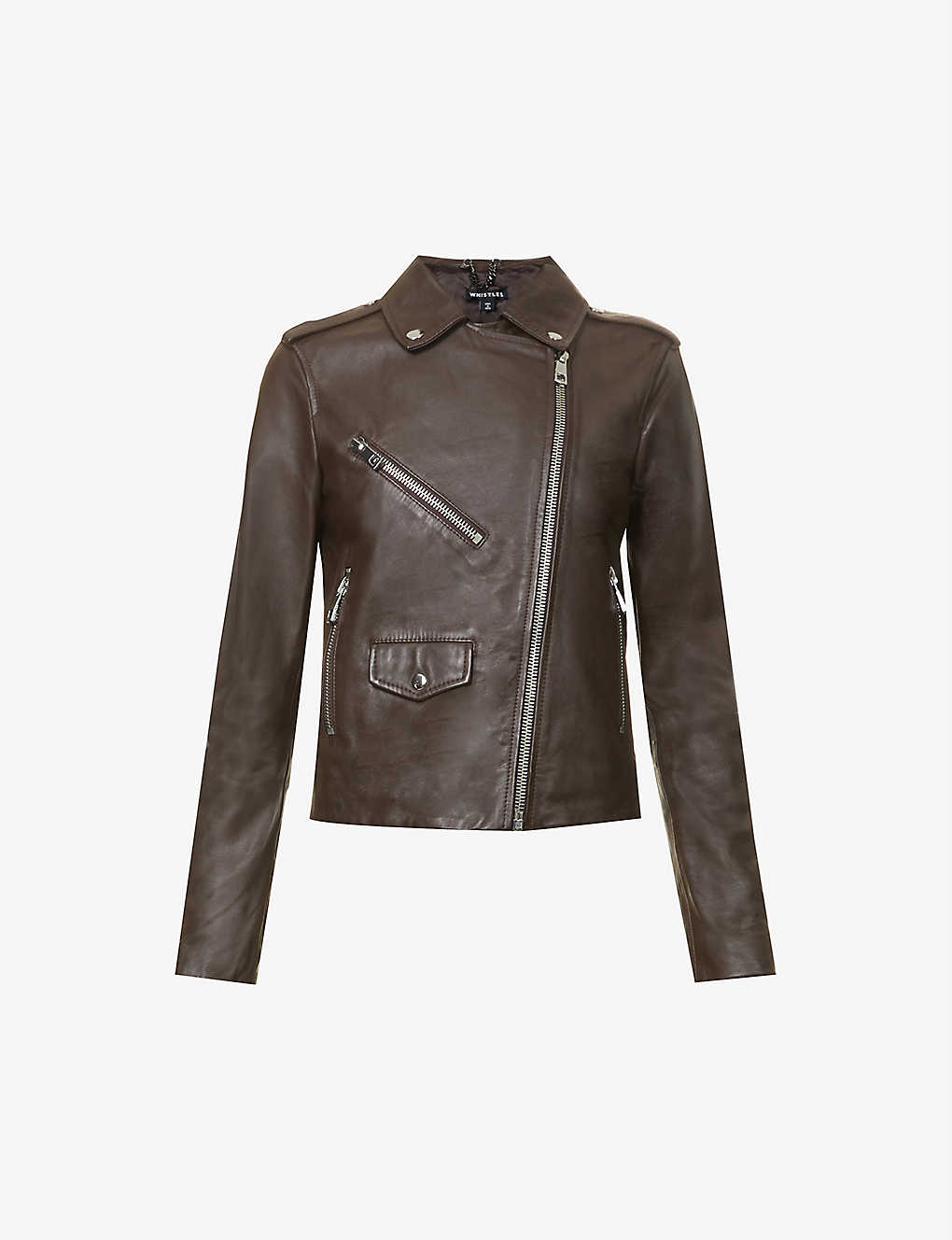 Whistles Agnes Zip-through Leather Biker Jacket In Brown