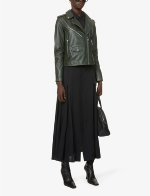 Whistles Womens Dark Green Agnes Zip-through Leather Biker Jacket 12 In Dark Green