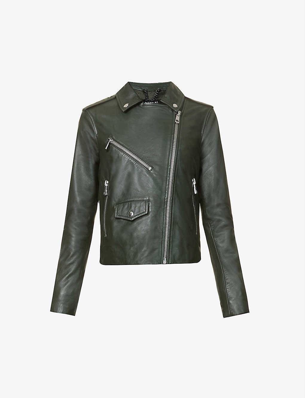 Whistles Womens Dark Green Agnes Zip-through Leather Biker Jacket 12