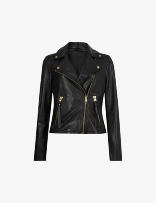 Allsaints Womens Black Balfern Gold-tone Leather Biker Jacket