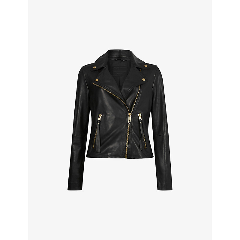 Allsaints Womens Black Balfern Gold-tone Leather Biker Jacket In Black/gold