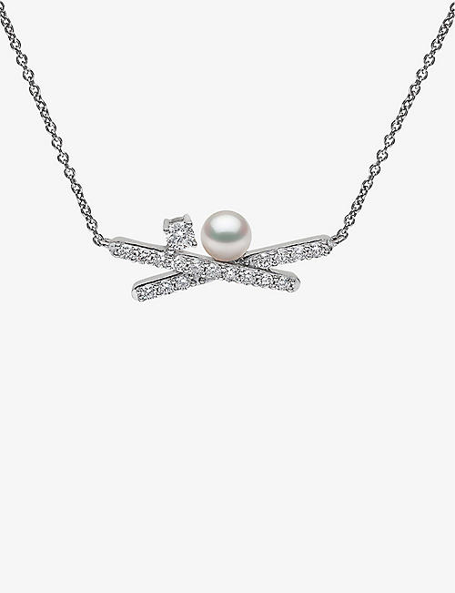 YOKO LONDON：Sleek 18K 白金、Akoya 珍珠和 0.673 克拉钻石项链