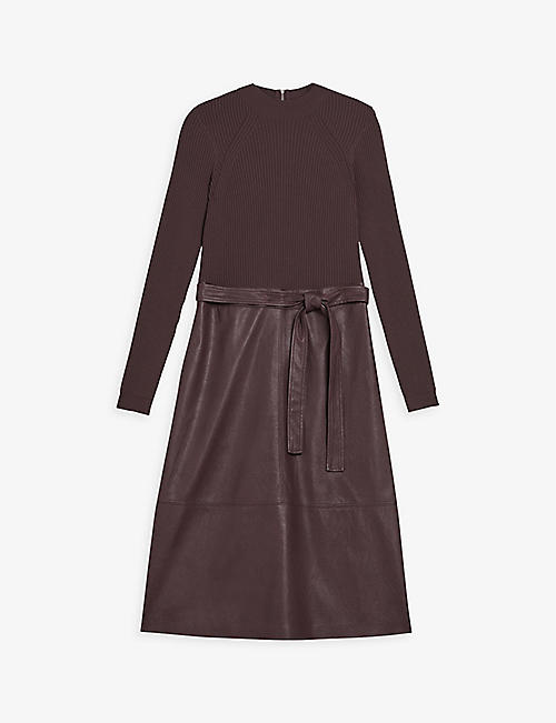 TED BAKER: Alltaa knitted and faux-leather midi dress