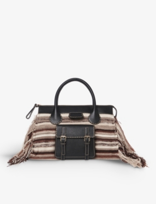 Edith medium striped recycled cashmere and leather top-handle bag(9392922)