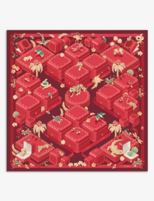 Cartier Womens Red Jewellery Boxes Graphic-print Silk-twill Scarf