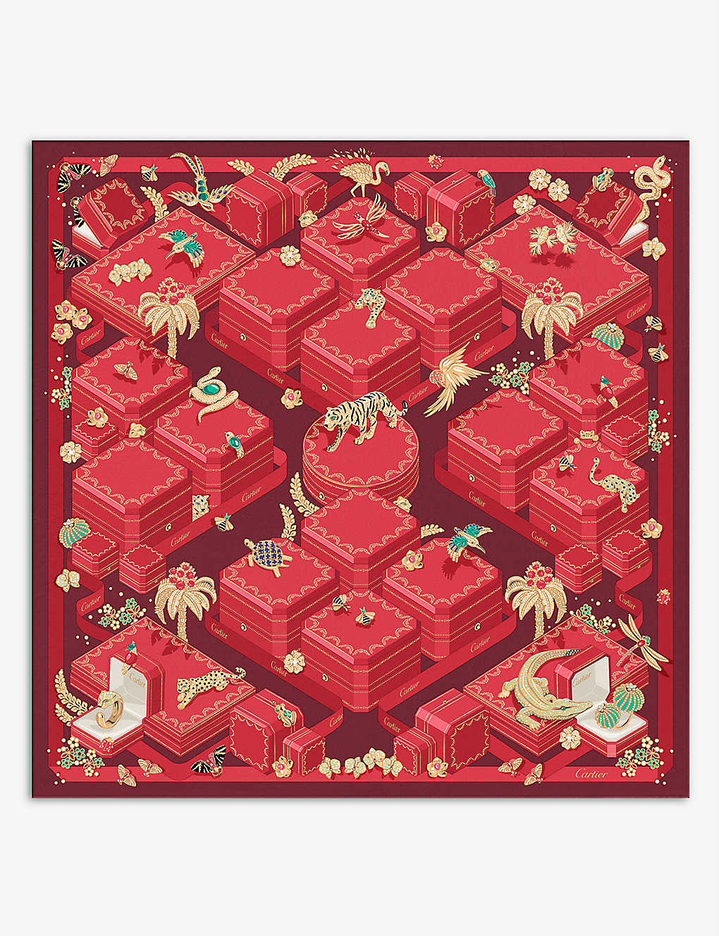 Cartier Womens Red Jewellery Boxes Graphic-print Silk-twill Scarf