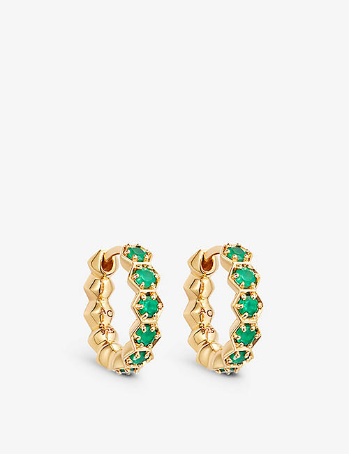 ASTLEY CLARKE: Deco 18ct yellow gold-plated vermeil sterling silver and green agate hoop earrings