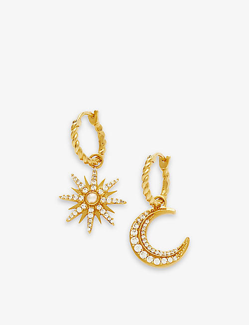 MISSOMA: Harris Reed x Missoma Star and Moon recycled 18ct yellow gold-plated brass, white cubic zirconia and white pearl hoop earrings