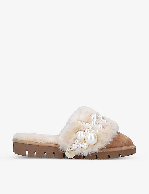 ALAMEDA TURQUESA: Pictada pearl-embellished shearling slippers
