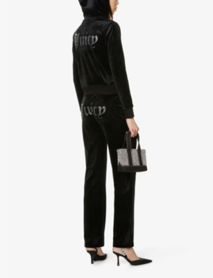 Shop Juicy Couture Women's Black Regular-fit Crystal-embellished Velour Hoody