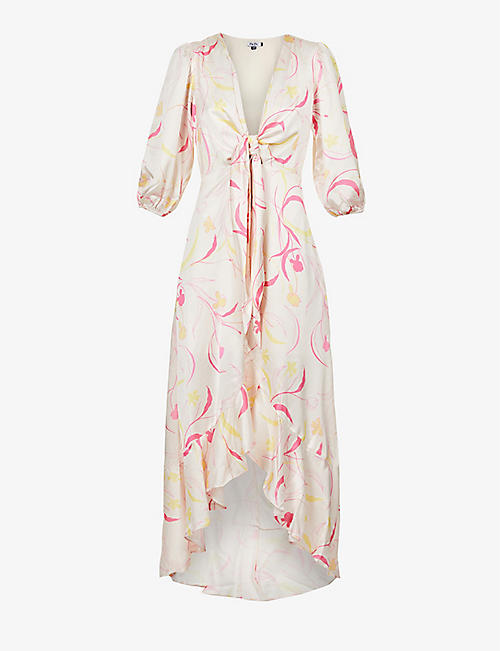CHI CHI LONDON: Graphic-print puff-sleeved satin maxi dress