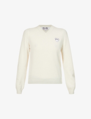 Comme Des Garçons Play Heart-embroidered Wool Jumper In Cream