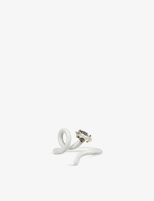 BEA BONGIASCA: Baby Vine 9ct yellow-gold, 0.55ct rock crystal and enamel-plated sterling silver ring